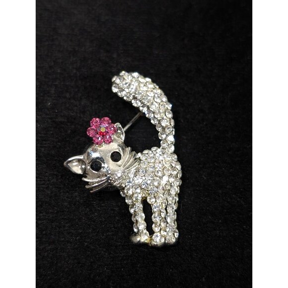 Rhinestone Crystal Pave Scared Cat Kitten Pink Flower Brooch Pin Silver Tone - Picture 2 of 7
